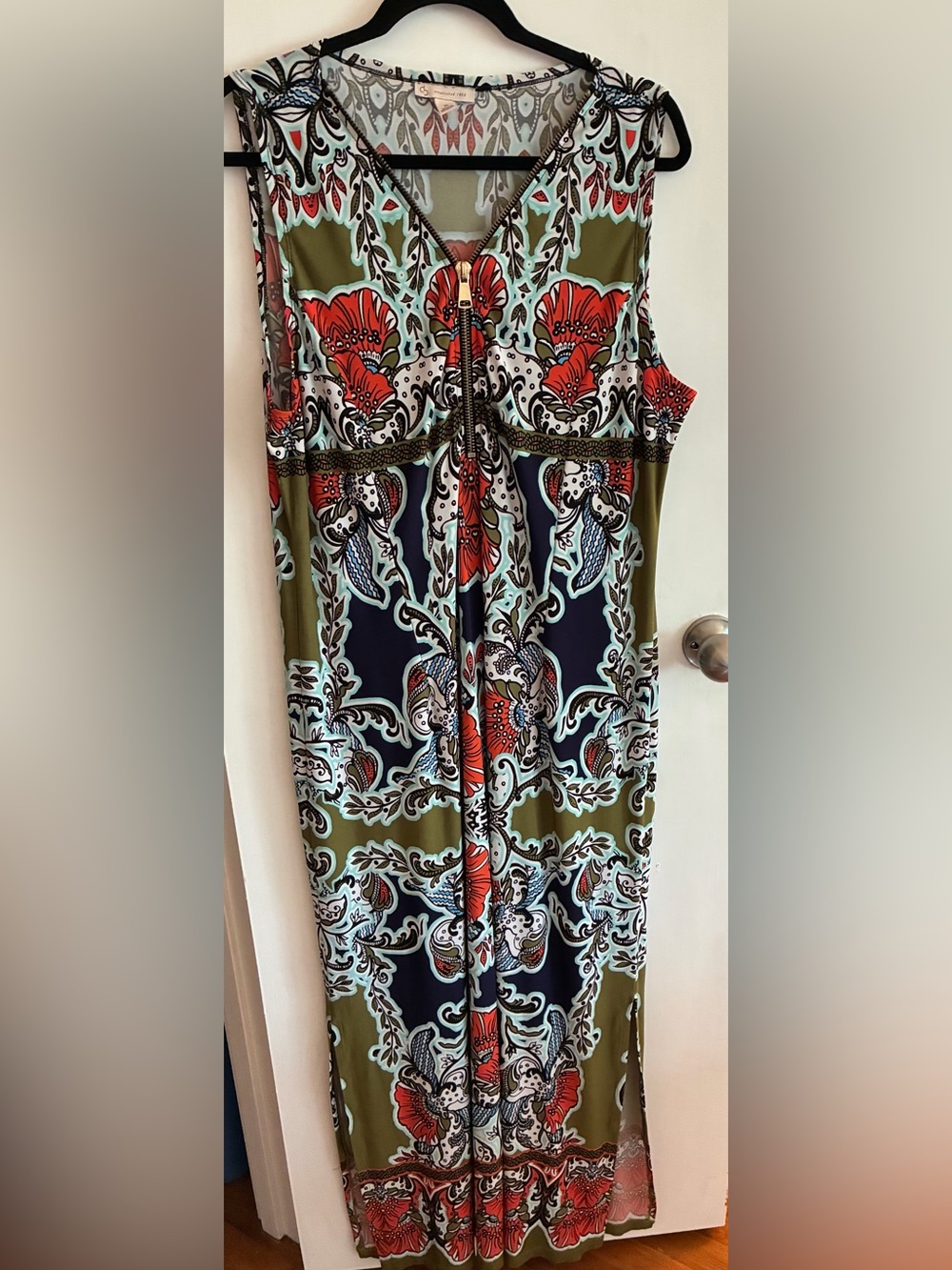 Floral Maxi Dress in Olive, Navy & Coral - zip front - size XL